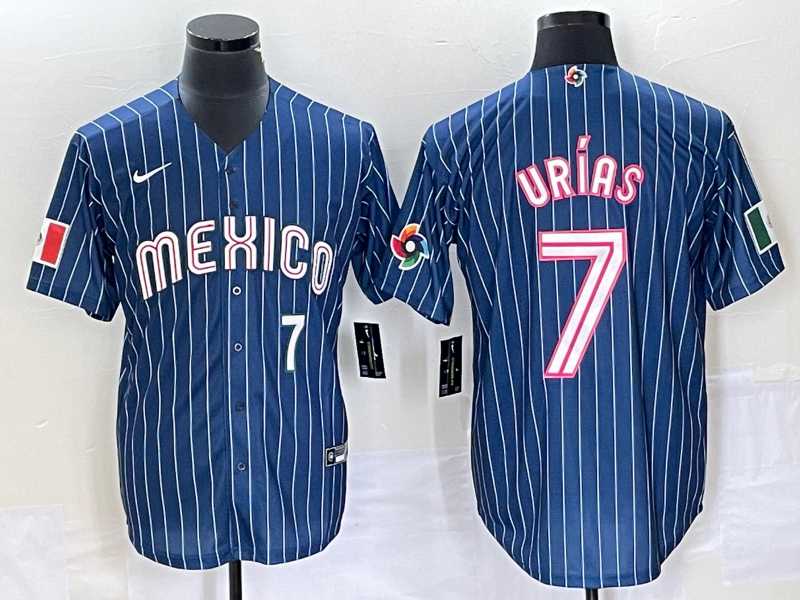 Mens Mexico Baseball #7 Julio Urias Number Navy Blue Pinstripe 2020 World Series Cool Base Nike Jersey4